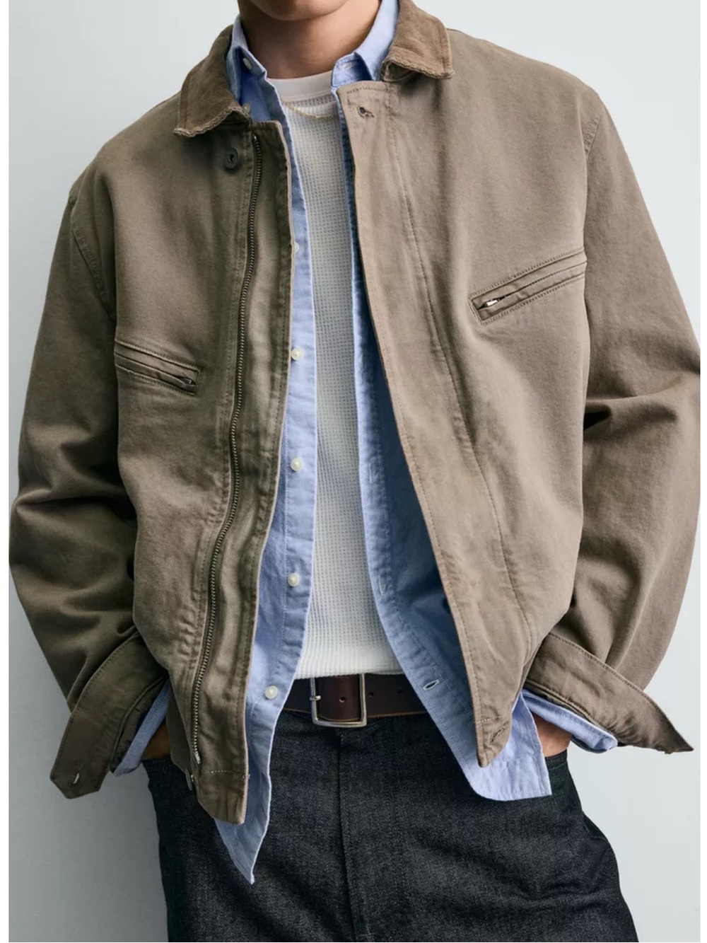 Zara Men Khaki Corduroy-Collar Jacket